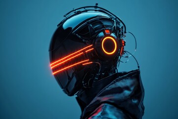 Poster - A sleek, high-tech helmet with orange digital lines signifies futuristic design and technological innovation, intertwining human-machine interaction with sci-fi aesthetics.