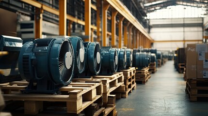 Poster - Industrial warehouse interior showcasing a row of powerful electric fans on wooden pallets, highlighting the modern manufacturing environment and efficient equipment storage.