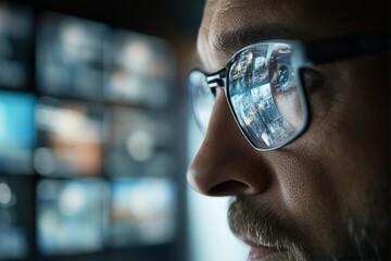 Poster - Close-up of a man wearing glasses reflecting multiple digital screens, symbolizing focus, technology, observation, and digital innovation in modern society.