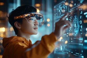 Poster - A youth wearing an advanced virtual reality headset interacts with a digital interface, highlighting innovation, technology, and discovery in a modern setting.