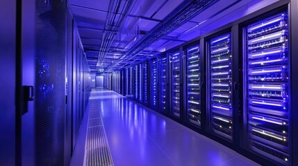 Poster - Modern Datacenter Interior with Rows of Server Racks Illuminated by Blue LED Lights in a Clean and High-Tech Environment
