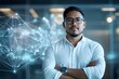 © Odin AI - A confident man standing with arms crossed amidst a web of digital connections symbolizes leadership, confidence, and the strategic influence of technology in business.
