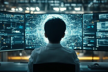 Poster - A man faces multiple digital screens covered in data projections, symbolizing the overwhelming influx of information and the essential human connection to technology today.