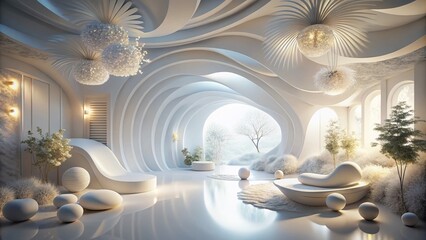 Poster - Ethereal White Natural Abstract Design: A 3D Rendering of Organic Shapes and Textures in a Minimalist Aesthetic, Perfect for Modern Art and Interior Design Inspiration