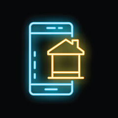 Poster - Glowing neon icon of a smartphone displaying a modern house symbol, representing concepts like smart home technology and real estate apps