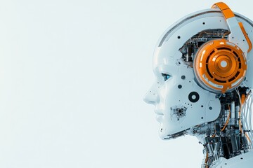 Poster - A robot's head detailed with gears and sensors wearing vibrant orange headphones, symbolizing advanced artificial intelligence and modern music tech.