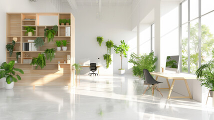 Poster - Enhancing productivity in a minimalist office space modern workplace stock photo bright environment open view greenery concept