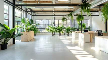 Poster - Creating a bright and open office space with minimalist design and lush greenery for enhanced productivity
