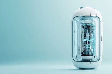 Poster - The image captures a sleek futuristic capsule possessing a transparent exterior, showcasing a digital core device, emphasizing modern technological design brilliance.