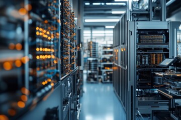 Poster - A modern, high-tech server room featuring racks of servers with glowing orange elements, highlighting advanced technology and secure data storage solutions.