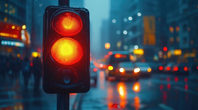 a red traffic light glows in a rainy urban setting, signaling vehicles to stop.