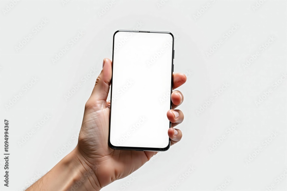 Hand Holding Black Smartphone with Blank Screen Isolated on White ...