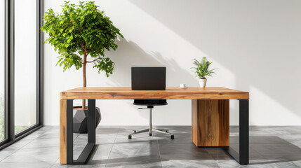 Poster - Create a minimalist office space featuring a clean wooden desk laptop and green plant for modern work environment