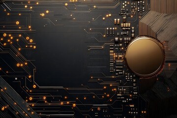 Poster - A digital abstract of a circuit board highlights glowing gold components, symbolizing the intricate and essential nature of modern electronic connectivity.