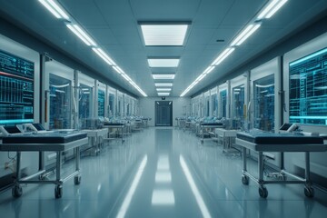 Poster - A high-tech laboratory filled with advanced computer screens is ready for cutting-edge research and experimentation in a pristine, futuristic environment.
