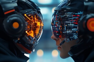 Poster - Two individuals face each other, wearing advanced helmets with vibrant digital displays, illustrating the fusion of technology and human interaction.