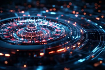 Poster - A digital artwork of a circular interface with glowing blue and red lights, featuring intricate patterns, symbolizing complexity and futuristic technological innovation.