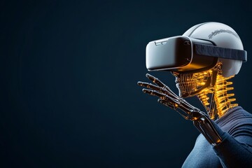 Poster - A robot with a sleek, modern design is equipped with a virtual reality headset, illustrating the intersection of advanced technology and immersive experiences.
