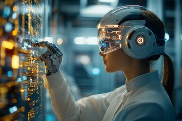 Poster - A woman wearing advanced robotic enhancements interacts with a high-tech interface, showcasing the future of human-technology integration and cybernetic advancements.