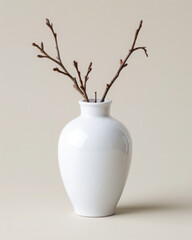 Aufkleber - Elegant minimalist display of a white ceramic vase with dried branches against a soft beige background for modern home decor