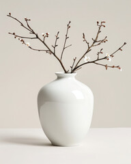 Aufkleber - Displaying a single white ceramic vase with a dried branch against a soft beige background in a clean minimalist style