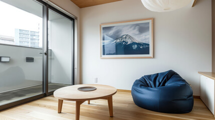 Poster - Relaxing in a cozy living room with a beanbag chair minimalist decor and a scenic photograph