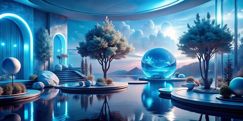 Poster - Futuristic Bluescape: A Conceptual Vision of Tomorrow's World Bathed in a Striking Blue Color Palette, Merging Technology and Nature in an Abstract Landscape