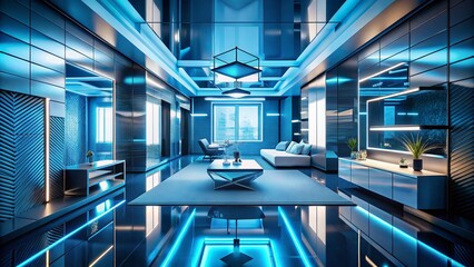 Poster - Futuristic Blue Metallic Minimalist Room Captured with Drone Photography Showcasing Abstract Design Elements and Unique Geometric Shapes in a Modern Aesthetic