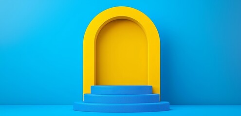 Poster - A smooth cylindrical platform beneath a transparent curved glass arch in a rich royal blue environment. Perfect for luxury product exhibitions, this premium space features a realistic 3D goods