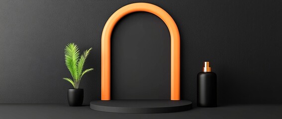 Poster - a sleek black cylindrical podium featuring golden arches on a dark backdrop. a sophisticated platfor