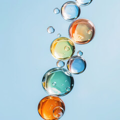 Poster - Floating oil drops water surface abstract closeup vibrant environment minimalist viewpoint colorful reflections