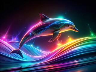 Poster - Futuristic Dolphin Leaping Through Neon Waves Against a Dark Aluminate Background, Capturing a Stunning Fusion of Nature and Technology in a Vibrant, Dynamic Scene