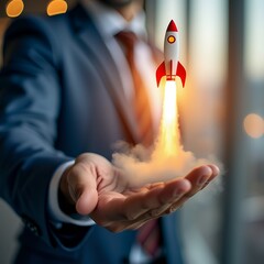 Poster - Businessman Strategically Planning Investment in Rocket Launching for Corporate Startups Aiming to Achieve Growth and Development Objectives