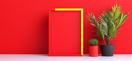 Poster - A minimalistic composition featuring a deep red color, with a cylindrical podium set against a wavy background. The studio setup includes curved, fluid shapes in the background, creating an elegant