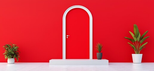 Poster - A deep red, minimalistic design with a cylindrical podium positioned on a wavy backdrop. The studio arrangement showcases curved, fluid shapes in the background, offering an elegant setup for product