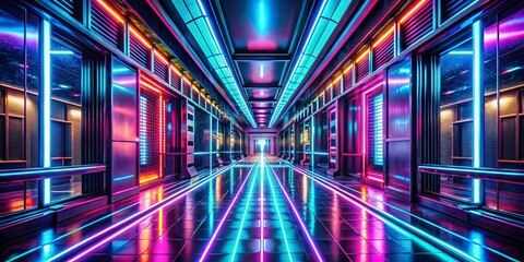 Poster - Futuristic Hallway Bathed in Vibrant Neon Lights Creating a Mesmerizing Backdrop of Color and Depth for Macro Photography Enthusiasts
