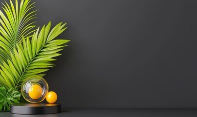 Poster - a round platform featuring a golden palm branch and glass morphism design, displayed on a black back