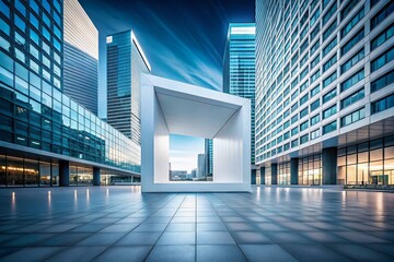 Poster - Futuristic Urban Exploration: A White Square Wonderland on a Minimalist Background Showcasing Architectural Lines and Creative Perspectives in an Innovative Cityscape