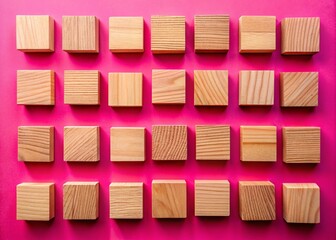 Poster - Geometric Harmony: Wooden Blocks Arranged in a Square on a Vibrant Pink Background Showcasing Earthy Tones and Structured Design for Modern Aesthetic Photography