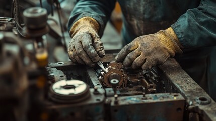 Poster - Close-up of a Worker's Hands Adjusting a Machine Gear