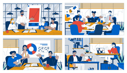 Poster - Teamwork meetings cartoon flat illustrations set. Multicultural team 2D characters colorful backgrounds. Briefing coworkers. Collaboration colleagues scenes vector storytelling images collection