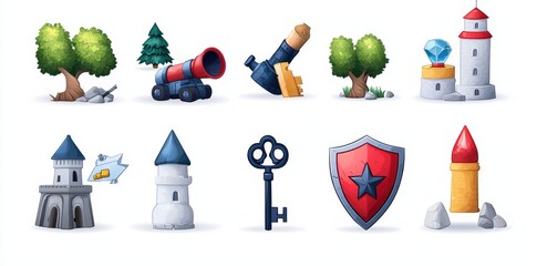 Poster - A modern set of cartoon game UI interface elements featuring icons like gold coins, shields, lightning bolts, gemstones, bombs, and potion bottles. This mobile GUI design kit is isolated on a white
