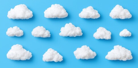 Poster - A modern depiction of fluffy white clouds set against a blue sky. This collection features realistic air and cloud textures suitable for summer, spring, winter, and autumn illustrations. The abstract