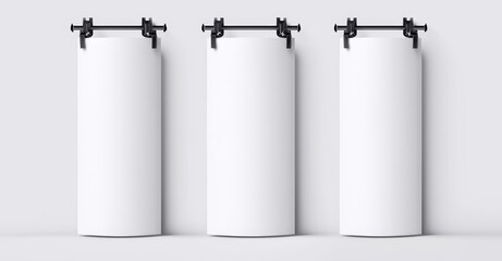 Poster - A 3D array of blank advertising stands, set against a white background. A contemporary, realistic depiction of trade show booth equipment, including a banner mockup for product presentation, with