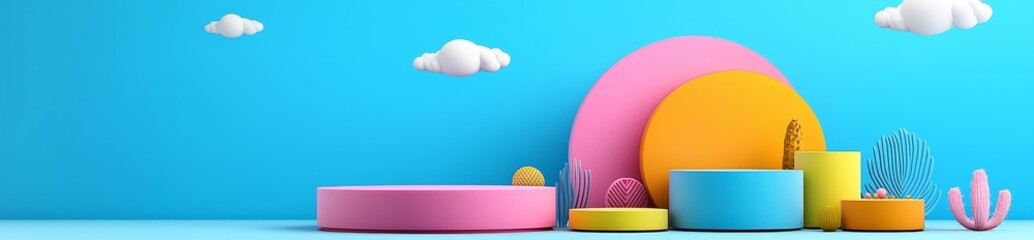 Poster - A hologram product display featuring cylindrical podiums in low, middle, and two-step heights, with a round shape, designed for promotions and presentations. This realistic 3D modern illustration set
