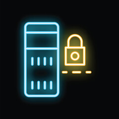 Wall Mural - Neon server icon secured with a padlock representing data protection and network security