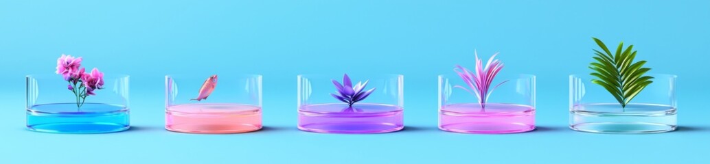 Poster - A set of realistic 3D illustrations of metal display platforms with holographic effects, featuring cylindrical podiums in low, middle, and two-step heights, designed for promotional presentations.