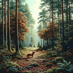 Sticker - Serene Forest Path with Deer Wildlife Autumn Landscape Tall Trees Lush Foliage Nature Photography Woodland Tranquil Scenery Natural Beauty Rustic Outdoors