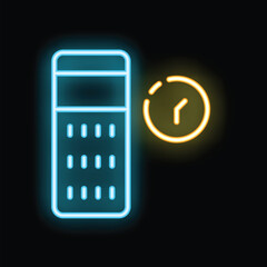 Poster - Bright blue neon sign of a calculator with a yellow neon sign of a clock on a black background