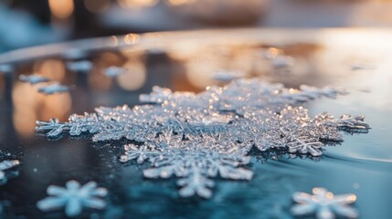 Poster - Closeup of an intricate snowflake resting on a surface, illuminated by soft, warm light.